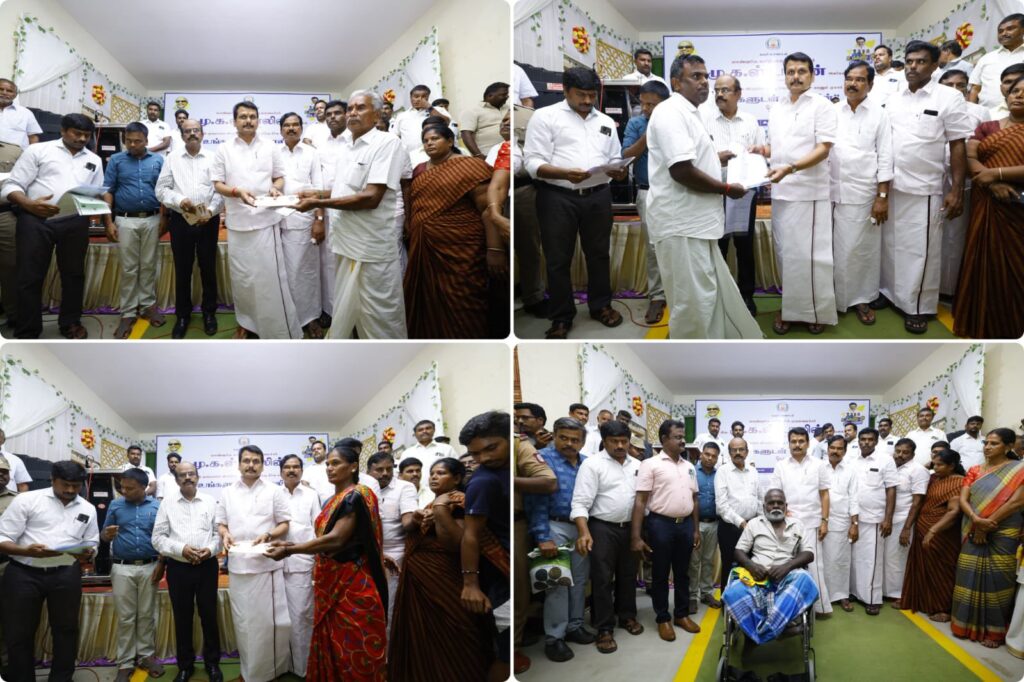 Hon’ble Karur MLA Thiru. V. Senthil Balaji, along with District Collector Thiru. Thangavel, IAS, interacting with the public and receiving petitions during the #UngaludanStalin special grievance redressal camp held at Rasi Murugan Mahal, Kadapparai Panchayat, Karur district.