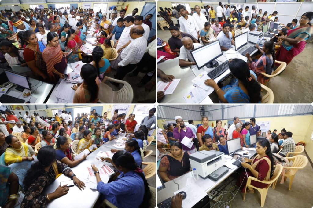 Hon’ble Karur MLA Thiru. V. Senthil Balaji, along with District Collector Thiru. Thangavel, IAS, interacting with the public and receiving petitions during the #UngaludanStalin special grievance redressal camp held at Rasi Murugan Mahal, Kadapparai Panchayat, Karur district.