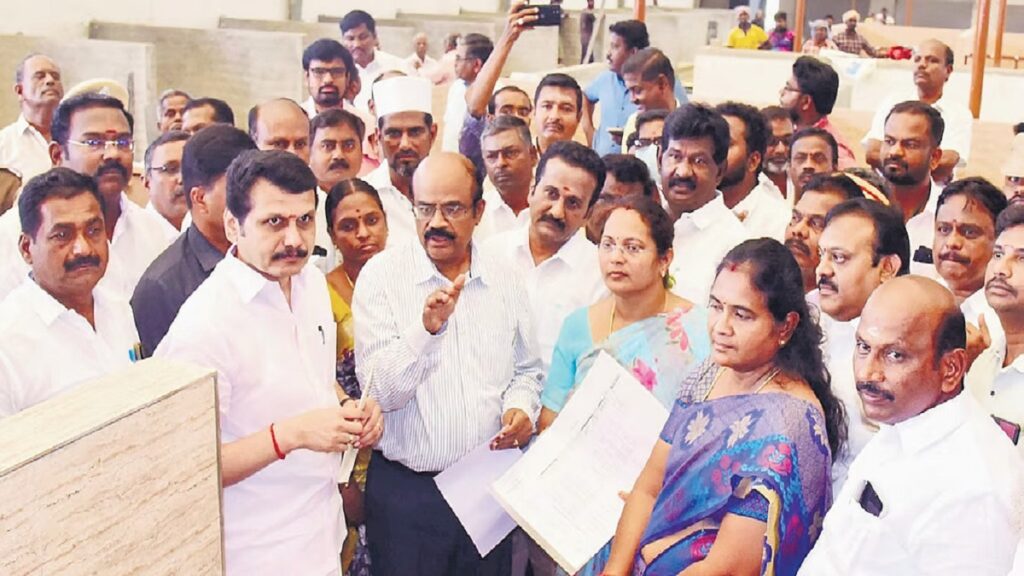 Tamil Nadu Electricity Minister Senthil Balaji speaking at a press conference in Karur, clarifying that Tangedco has no recent commercial ties with Adani Group.