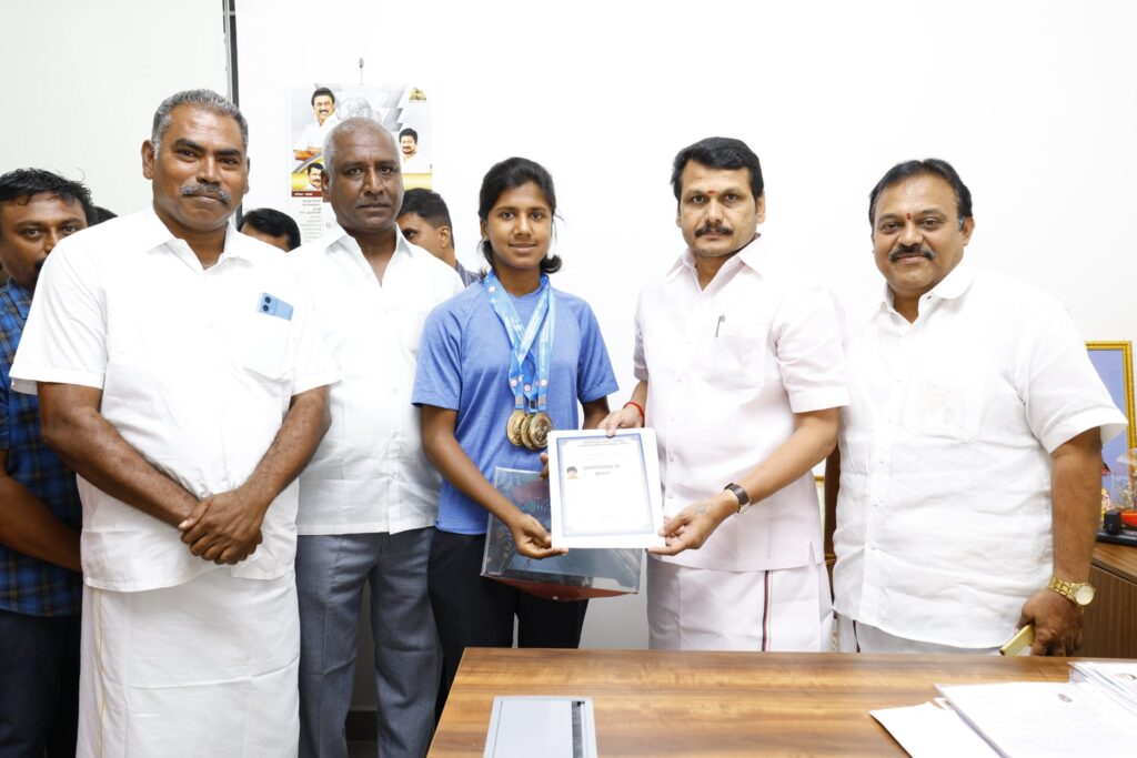 I had the pleasure of congratulating Miss R.D. Yazhini, who won gold medals in all three categories at the 20th Junior National Soft Tennis Championship in Chandigarh (June 25–30). With the support of Hon’ble CM Thalapathy M.K. Stalin and Deputy CM Thiru Udhayanidhi Stalin, Tamil Nadu continues to nurture world-class athletes.