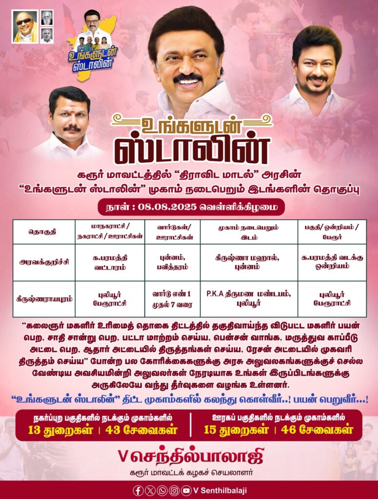 With the blessings of the Hon’ble Chief Minister of Tamil Nadu, Thalapathy M.K. Stalin, special camps under the #UngaludanStalin initiative will be conducted at various locations in Karur District on August 8th. The details of the venues are as follows.